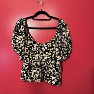 Abound Women's 3XL Black Floral Puff Sleeve Babydoll Blouse Casual
